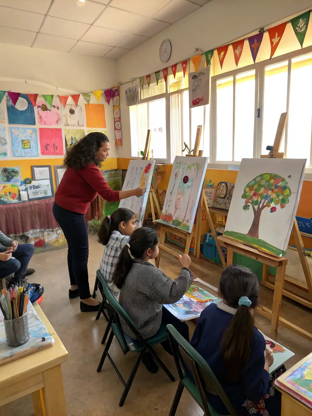 A vibrant photograph capturing a children's art workshop in progress at MAGCP, with kids joyfully painting and creating under the guidance of an instructor.